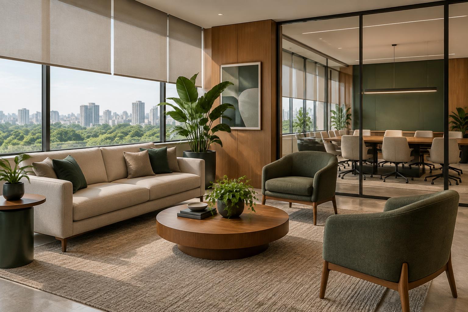 Ambiente empresarial com estofados, carpetes, cortinas e vidros