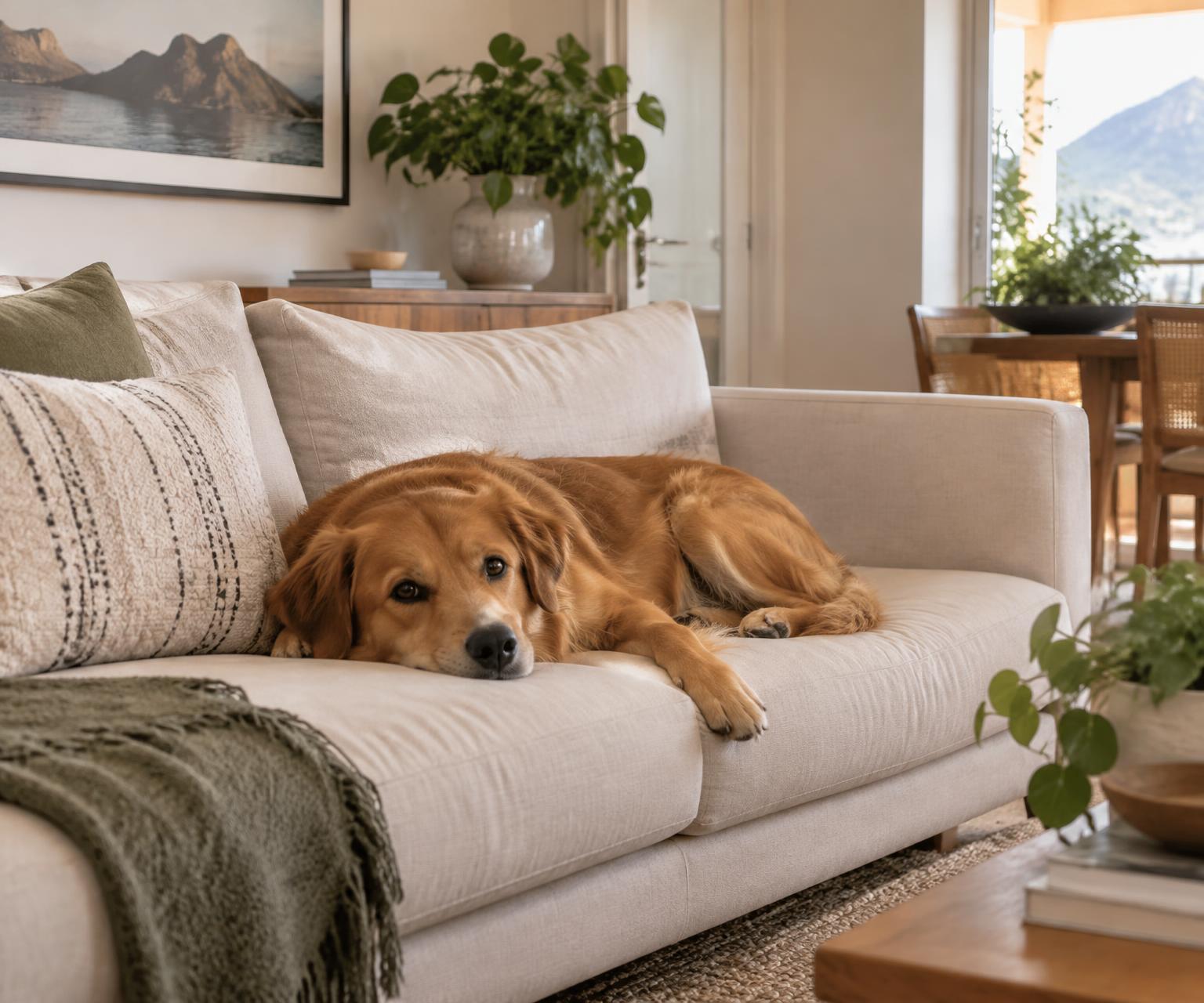 Cachorro descansando tranquilamente em um sofá bem cuidado